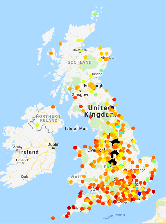 Image of UK with different coloured dots overlaid corresponding to solar generation locations
