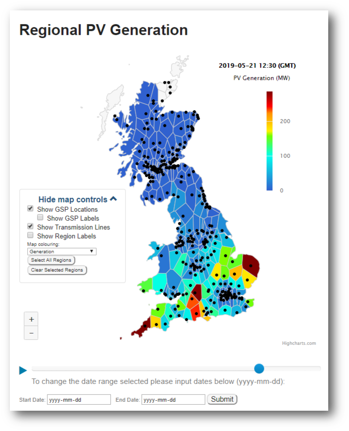 Regional PV Generation illustration of GB map with regions coloured according to PV generation