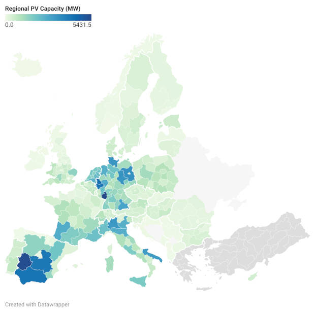 Europe map shaded to indicate PV Capacity